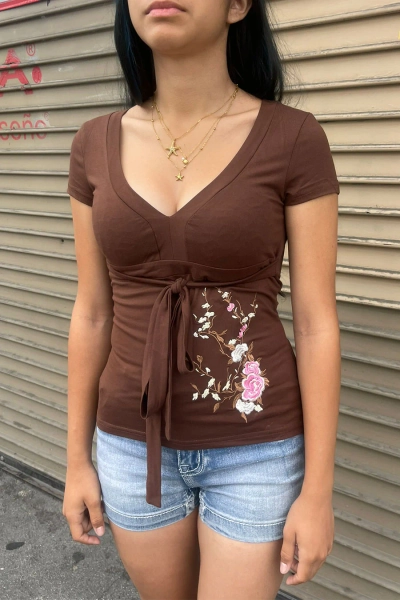 2000s Retro V-Neck Short Sleeve Top with Embroidered Floral Detail and Tie Front