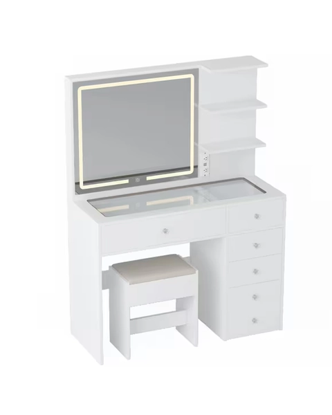 Advwin Dressing Table Stool Set Charging Station Lights Glass Tabletop Vanity Desk
 - White