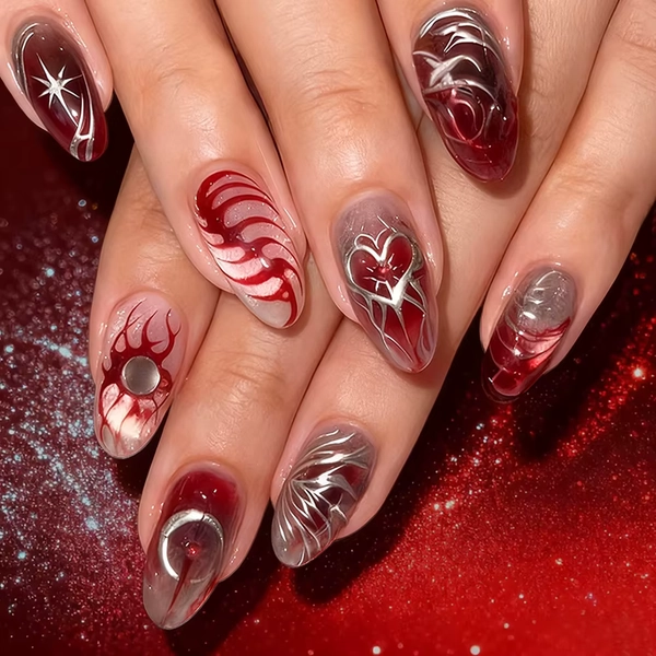 30pcs Punk Cool Press on Nails Sliver Love Print Fake Nails for Women Girls Wearable Sweet Cool Y2k Style False Nails