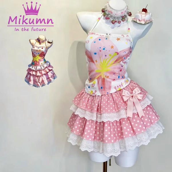Mikumn Harajuku Lolita Style Pleated Mini Skirt Women Kawaii Polka Dot Bow Lace Cake Skirt Japanese Sweet Cute Y2k Female Skirt - AliExpress 200000345