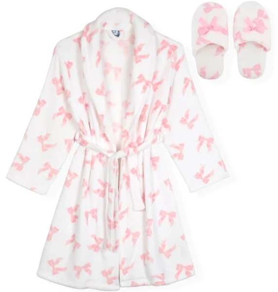 Max & Olivia Little and Big Girls 2-Piece Bow Print Flannel Robe with Slippers Set