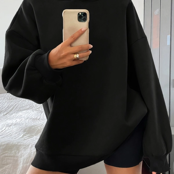 [Cozy Fleece Hoodie] Cozy Fleece Women's Hoodie | Oversized Long Sleeve Pullover with Front Pockets, Soft Texture, Relaxed Fit, Casual Black Sweatshirt for Fall/Winter