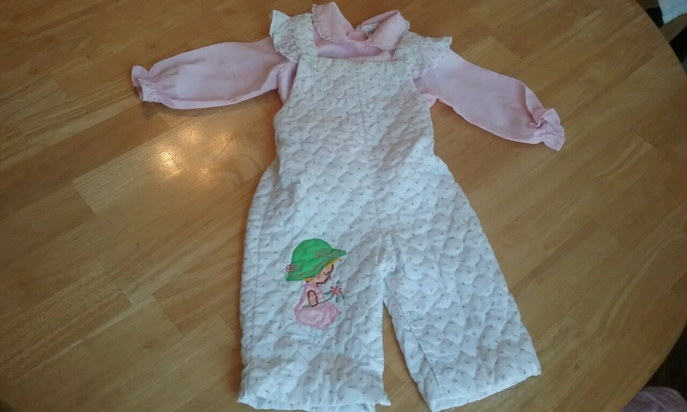 Vintage 1980s Baby Girl Quilted Overalls Romper and Blouse Set
