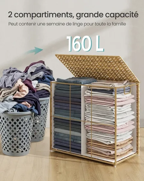 Panier de Rangement, Corbeille Linge Sale 160 L avec Couvercle, Pliable, Sacs en Tissu Amovibles et Poignées, Couleur Boisée