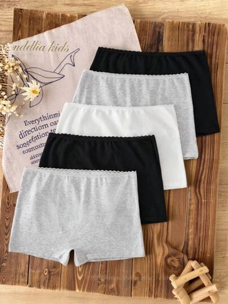 5pcs/Pack Teenagers/Women's Lace Trim Basic Black, White And Gray Underwear Panties, Sweet & Minimalist,Back To School Fall Winter - Size 15Y
