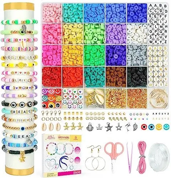Dowsabel Clay Beads Bracelet Making Kit for Beginner, 5000 Pcs Preppy Polymer Clay Beads with Charms Kit for Jewelry Making, Diy Arts and Crafts