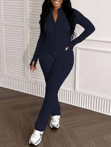 2pcs Women's Fashionable Fitted Solid Color Top With Zipper Jacket And Pants Set, Spring/Autumn