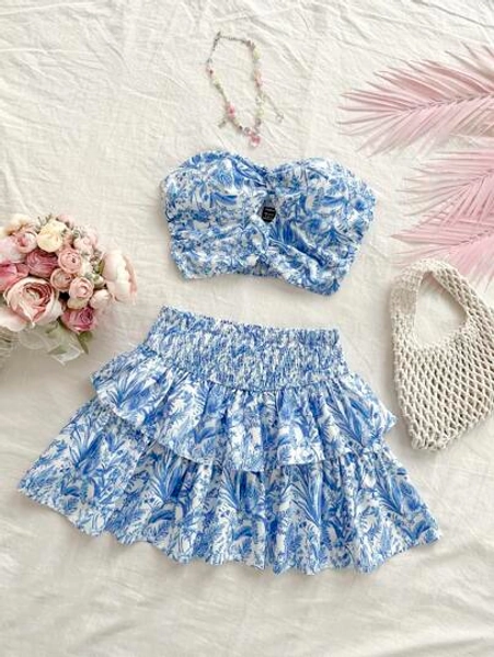 Soleia Vacation Theme: Blue And White Striped Twist-Front Bandeau Top And Tiered Skirt Set, 2pcs