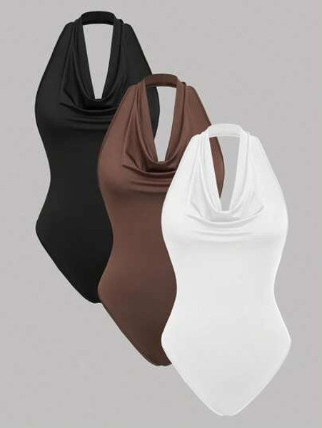Lunelith SHEIN Lunessa 3pcs Women's Summer Simple Solid Color Draped Neck Bodysuits Basic For Women Beach Outfits For Woman Resort Wear Beach Women Outfits Basic Tops For Women Workout Clothes Women