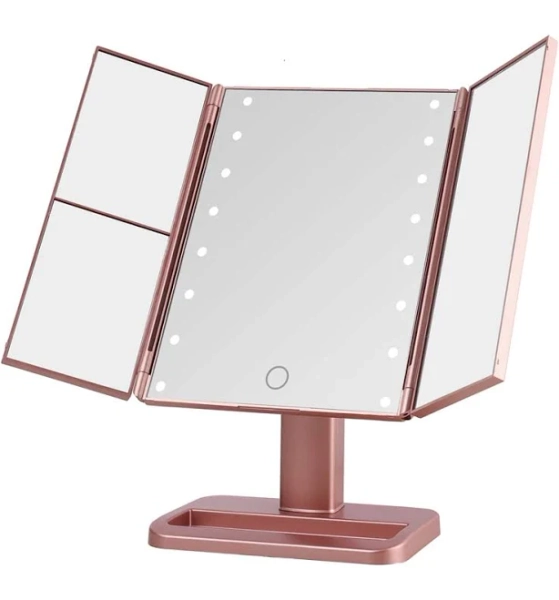 Melannco Rose Gold Tri Fold LED Vanity Mirror