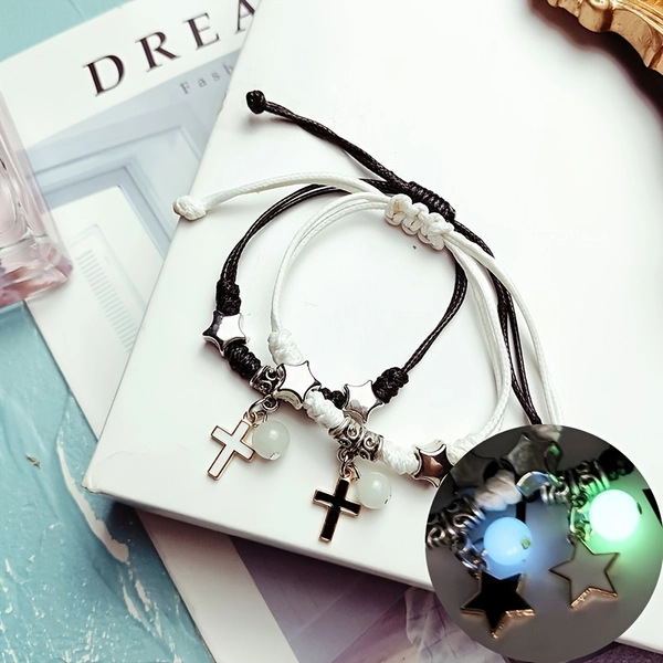 [Glow-in-the-Dark Bracelets] 2pcs Glow-in-the-Dark Preppy Style Friendship Bracelets | Unisex Woven Polyester Bangle with Alloy Cross Pendants, Fashionable Couples Jewelry