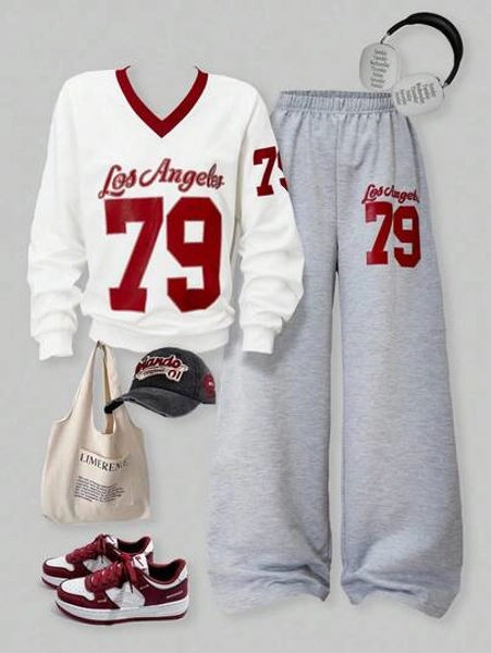 SHEIN ChillGRL 2pcs/Set Casual College-Style Teenage Girls V-Neck Drop Shoulder Short Sleeve Top And Wide Leg Long Pants Fall Winter