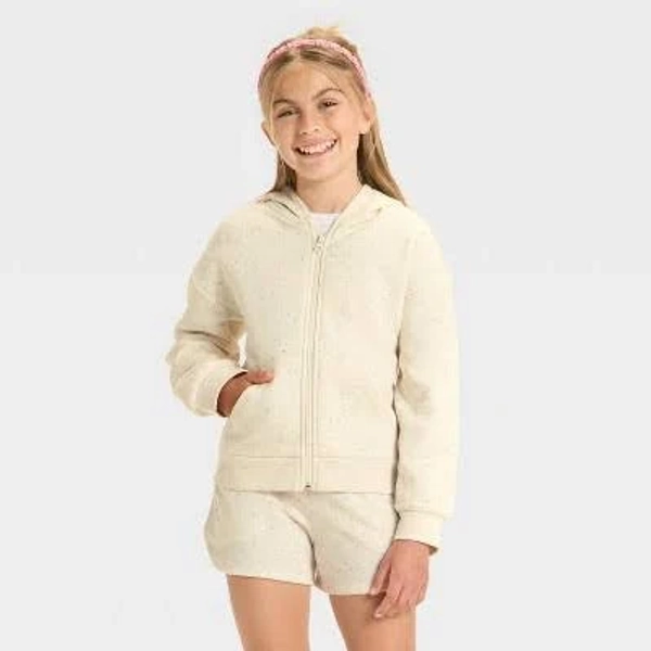 Cat & Jack Girls' Fleece Polka Dot Hooded Zip-Up Sweatshirt