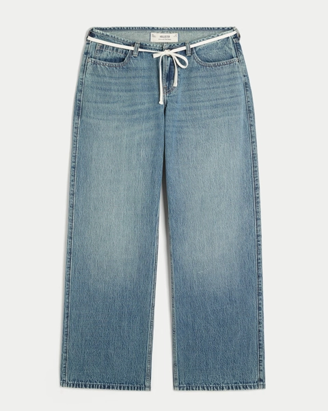 Ultra Low-Rise Medium Wash Mini Waistband Shoelace Baggy Jeans
