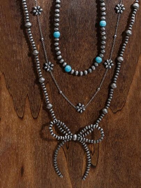 3pcs Bow Flower Faux Black Pearl Turquoise Beaded Necklace Set For Women, Western Cowboy Style Bow Flower Silver Bead Chain Stacking CCB Material Necklace, Handmade, Birthday Gift, Friendship Gift, Jewelry Gift