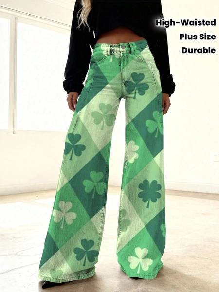 Women's Plus Size High-Waisted Wide-Leg Imitation Jeans - Green Argyle Print (White/Green) Slim-Fit Trousers, Beltless Button Closure Long Pants For Casual & Party Wear, St. Patrick's Day Outfits, Durable Digital Print Denim-Like (Machine
