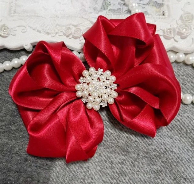 Handmade Satin Ribbon Bow With Pearl  Rhinestone Red And Over 150 Colors To Choose ( 4x5 inch) MY-816-40 Ready To Ship
