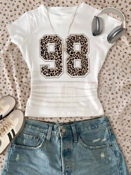 SHEIN Vintage Streetwear Leopard Print Number 98 Graphic Tween Girls Fitted Casual Round Neck Ruched Waist Short Sleeve T-Shirt, Suitable For Summer, Autumn Outfits , Easy Comfort, Autumn Layers For Girls, Stylish Kids, Casual Wear, Kids Graphic Tees, Homecoming, Back To School, Fall Clothes, Suitable For Outerwear And Layering
