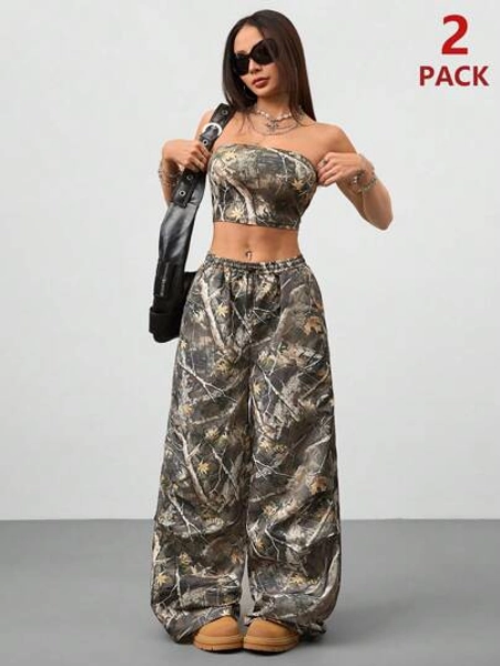 Coolane Women's Spring Sportswear Grunge Going Out Tree Branch Pattern Forest Camo Knit Tube And Parachute Pants Two Pieces Outfits