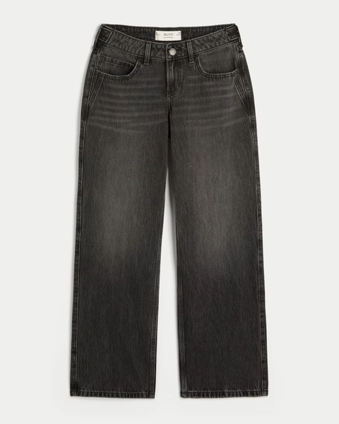 Adjustable Waist Low-Rise Washed Black Baggy Jeans