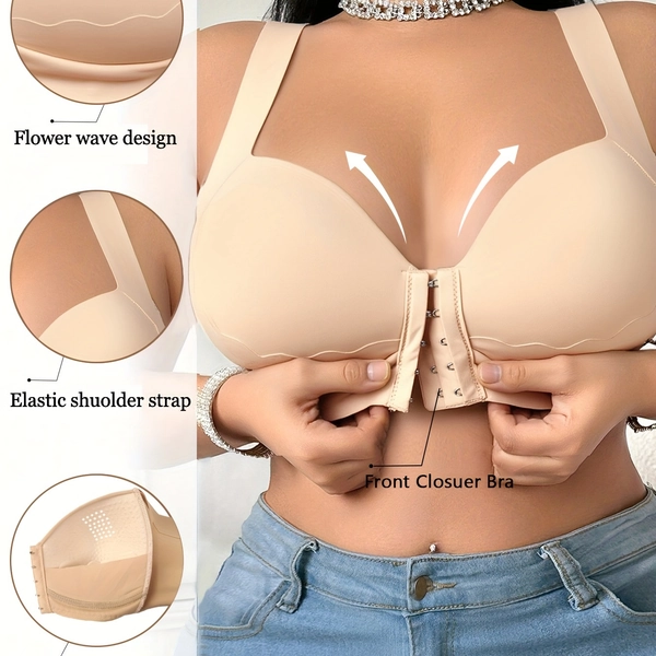 [Wire-Free Push-Up Bras] 1pc Women's Plus Size Bras - Wire-Free Non-P Push-Up Bras with Front Closure, Anti-Slip Base, Soft Everyday & Formal Bras for Curvy Women - No Underwire Needed, Comfortable Bras for Bras, Strapless Push Up Bra, Comfortable Undergarment, Elegant Undergarment, Smooth Texture Fabric, Bra For Women, Double Padded Push Up Bra, Wireless Bra, Bra For Women In