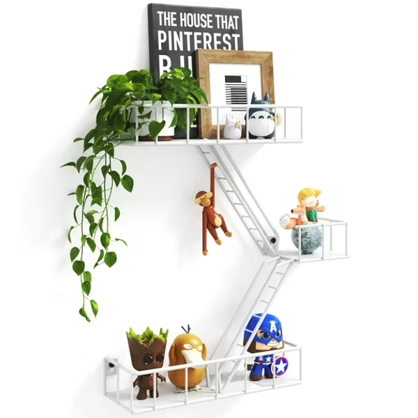 EOSTBE Fire Escape Wall Shelf with Baskets - 3-Tier Metal Fire Escape Ladder Shelf Wall Organizer, New York Inspired Decorative Shelf, White Floating Action Figurine Display Shelves for Bedroom.