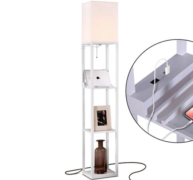 Brightech Maxwell Standing Tower Floor Lamp with Shelves and USB Port, White