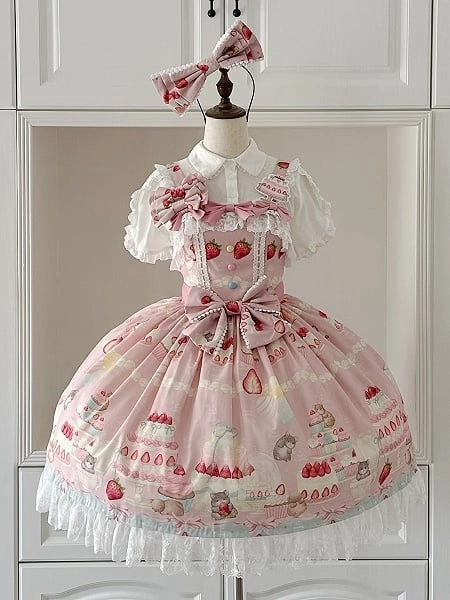 [$54.00]Strawberry Cake and Hamster Print Pink Sweet Lolita Dress