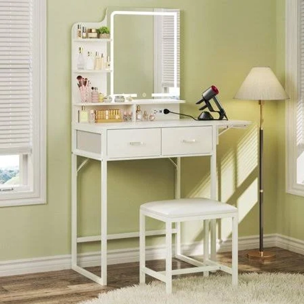Small Vanity Desk with Mirror, Lights, Makeup Vanity, Fabric Storage Drawer, Chair, Three Shelves