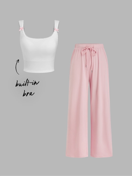 Knit Fabric Built-in Bra Square Neck Bowknot Lace Trim Crop Tank Top & Mid Rise Drawstring Wide Leg Trousers Loungewear Set For Bedroom