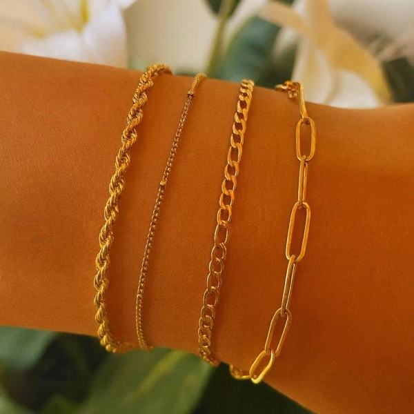 Women’s Gold Stainless Steel Dainty Bracelet Set – Paperclip, Figaro, Rope & Satellite Chain Layered Bracelets Minimalist Waterproof Jewelry
