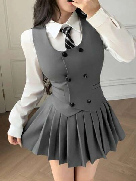 DAZY Women's College Style Knit Vest Cardigan Blouse & Pleated Skirt 2pcs Set, For Spring, Summer, Autumn, Back To School, Graduation