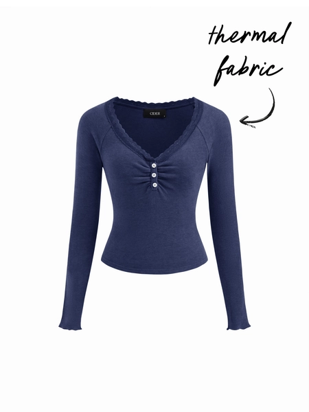 Knit Fabric Thermal Cotton-blend V-neck Long Sleeve Lace Trim Ruched Tee For Daily Casual