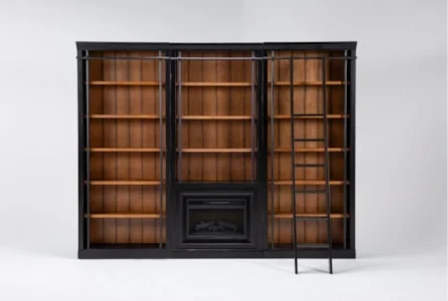 Henri 94" Black + Natural Bunching Bookcase 4 Piece Library Wall With Fireplace &amp; Ladder