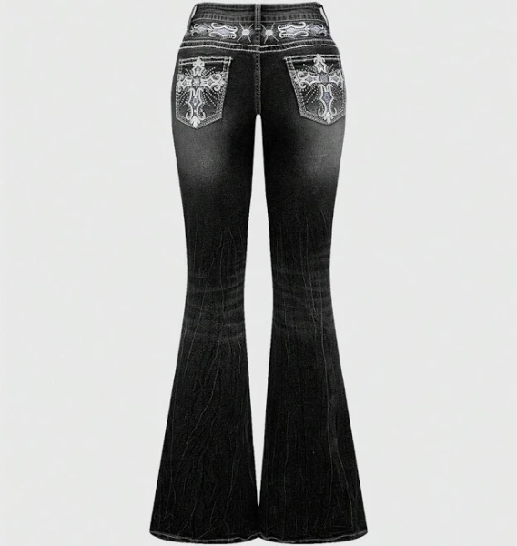 ROMWE Women's Grunge Punk Y2K Vintage Millennium Sexy Pocket Cross Wings Embroidery Slim