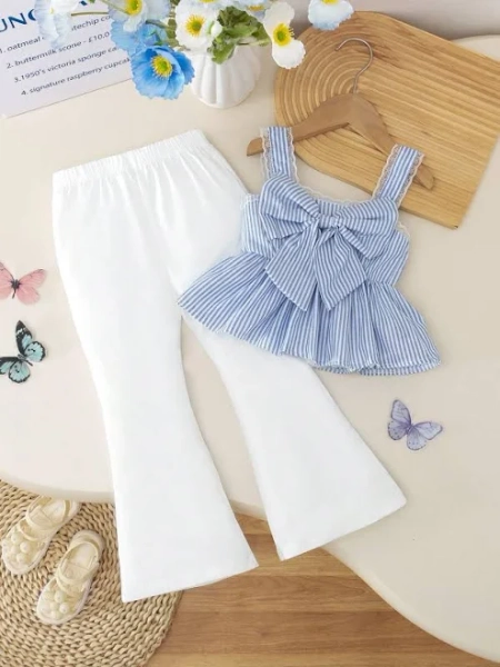 SHEIN Girls Bowknot Camisole Dress and Slim Flared Pants Set