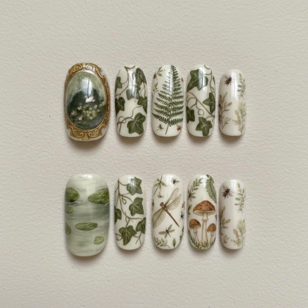 Woodland Cottagecore Press On Nails, Botanical Forest Nails, Vintage Mushroom Dragonfly Nail Art, Nature Almond Nails, Fairycore Fake Nails
