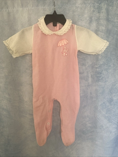 Vintage 80s Alexis Doe Spun Pink Waffle Knit Baby Romper Bunny Spring Easter
