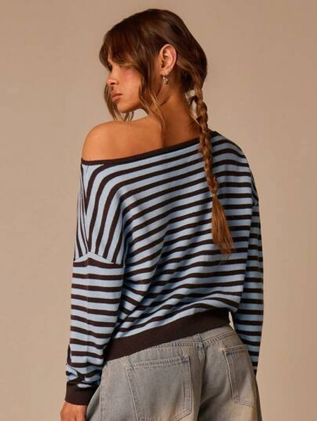 Athîral Women's Casual French Loose Asymmetrical Shoulder Long Sleeve Blue Striped Knit Top, Suitable For Daily Wear Night Office Back-To-School Autumn - Size XS