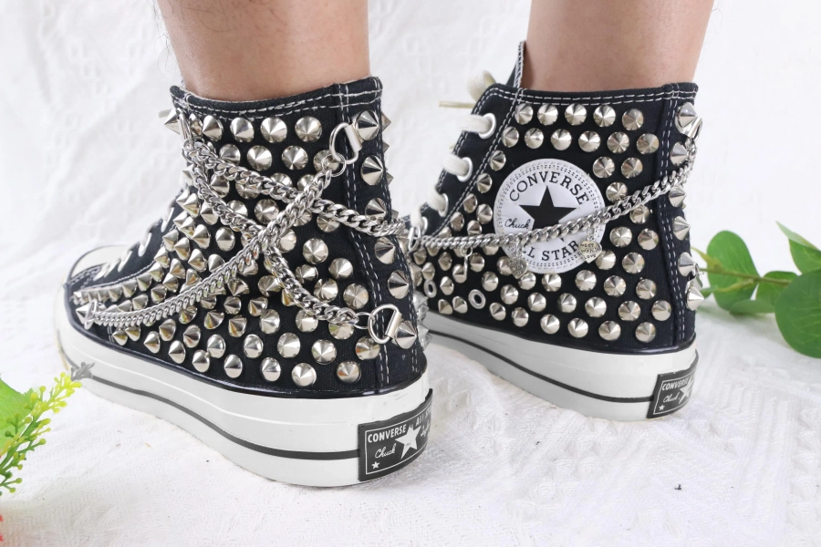 Studded Converse High Tops: Black Punk Rock Sneakers