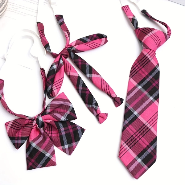 Klassiek roze-rood stropdas met ruitpatroon voor tieners, perfect voor school, cosplay of feestkleding, met een knooploos ontwerp in een preppy stijl