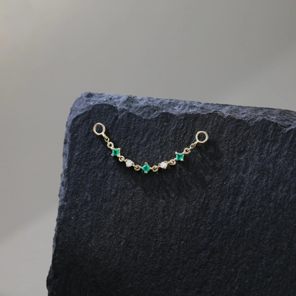 14K Solid Gold Chrysoprase Square Dangle Nose Chain, Moissanite Helix Cartilage Chain Attachment, Linking Industrial Bar Chain Connector