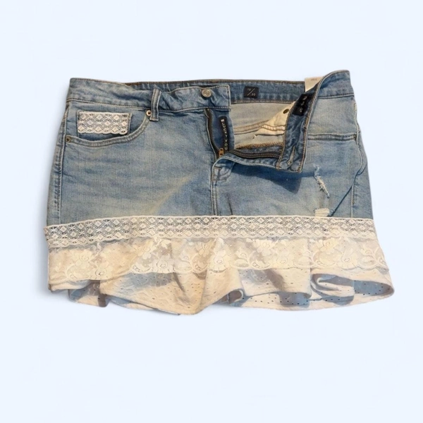White and blue “Lucky You” denim mini skirt with...