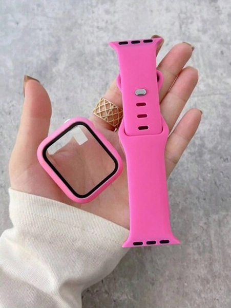 2-In-1 Band And Case Set, Rose Pink Soft Comfortable Silicone Sport Strap, Ultra-Thin Tempered Glass Screen Protector Case, Compatible With Apple Watch Series Ultra/SE/11/10/9/8/7/6/5/4/3/2/1, Compatible With Apple Watch Band 38/40/41/42/44/45/46/49mm
