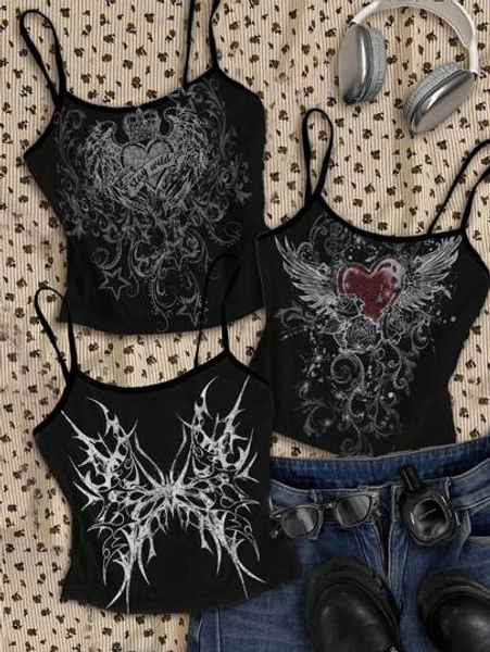 Attitoon 3pcs/Set Women's Punk Cross & Wing Print Tank Top, Suitable For Summer, Butterfly Love Wings, Y2K Goth Style, Vintage Grunge, Punk, Back To School, Cute Summer Tops Halloween Goth Tops Punk Clothes Women Punk Tops Goth Tank Top Goth Summer Clothes
