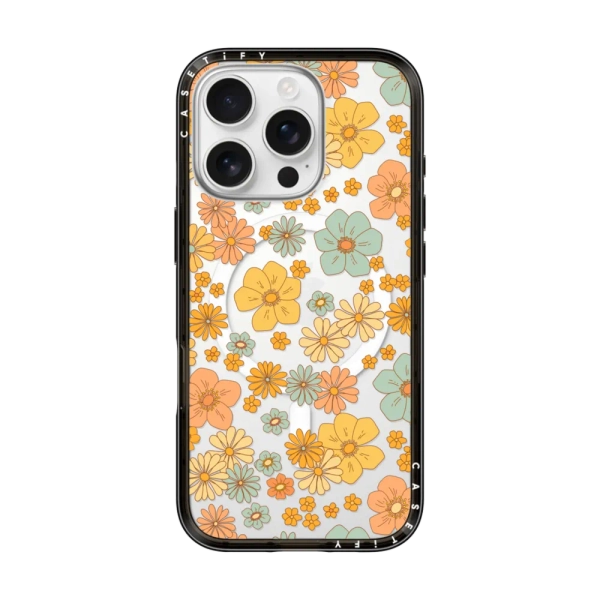 Compact iPhone 16 Pro Case MagSafe Compatible - retro yellow floral pattern