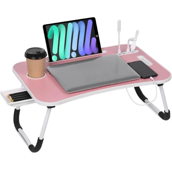23 Inch Portable Laptop Bed Desk,Foldable LaptopTable Bed Tray with Storage Drawer,4 USB Ports and Cup Holder,for Working Reading Writing, Eating,