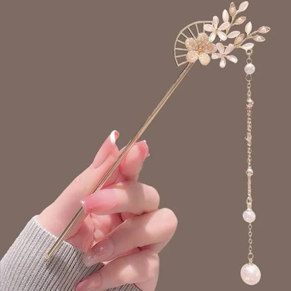 Fan Pearl Drop Hair Sticks | Chinese Gold Plated Metal Pin - 1 PC