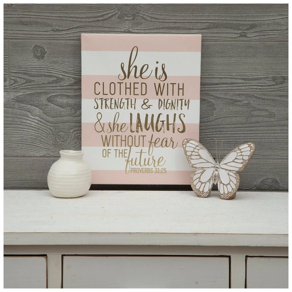Proverbs 31:25 Striped Canvas Wall Decor
