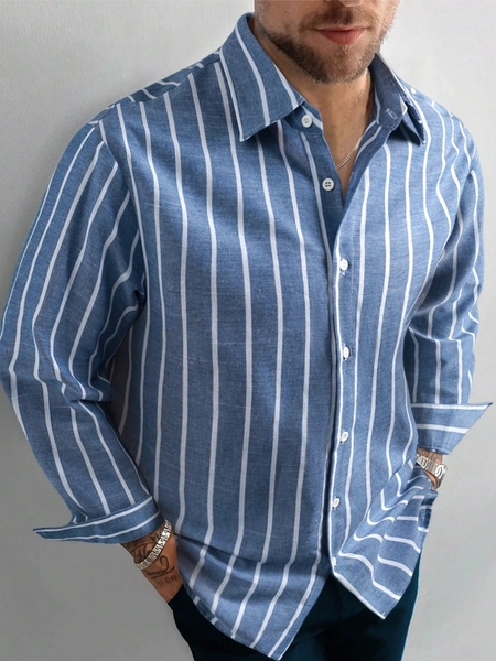 Chemise en lin pour hommes GloMan, coupe décontractée Chemise à rayures style "Old Money" à boutons, Top à manches longues léger et respirant pour les vacances, le bureau ou le quotidien, cadeau pour le petit ami, chemises bleues et blanches pour hommes